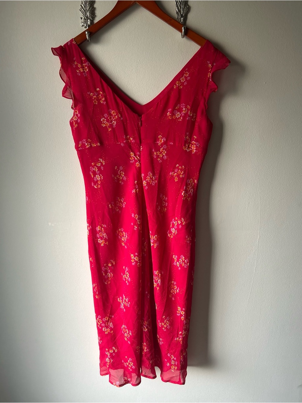 ANN TAYLOR 100% Silk Red Floral Flutter Sleeve Midi Dress Size 10 - Picture 8 of 8